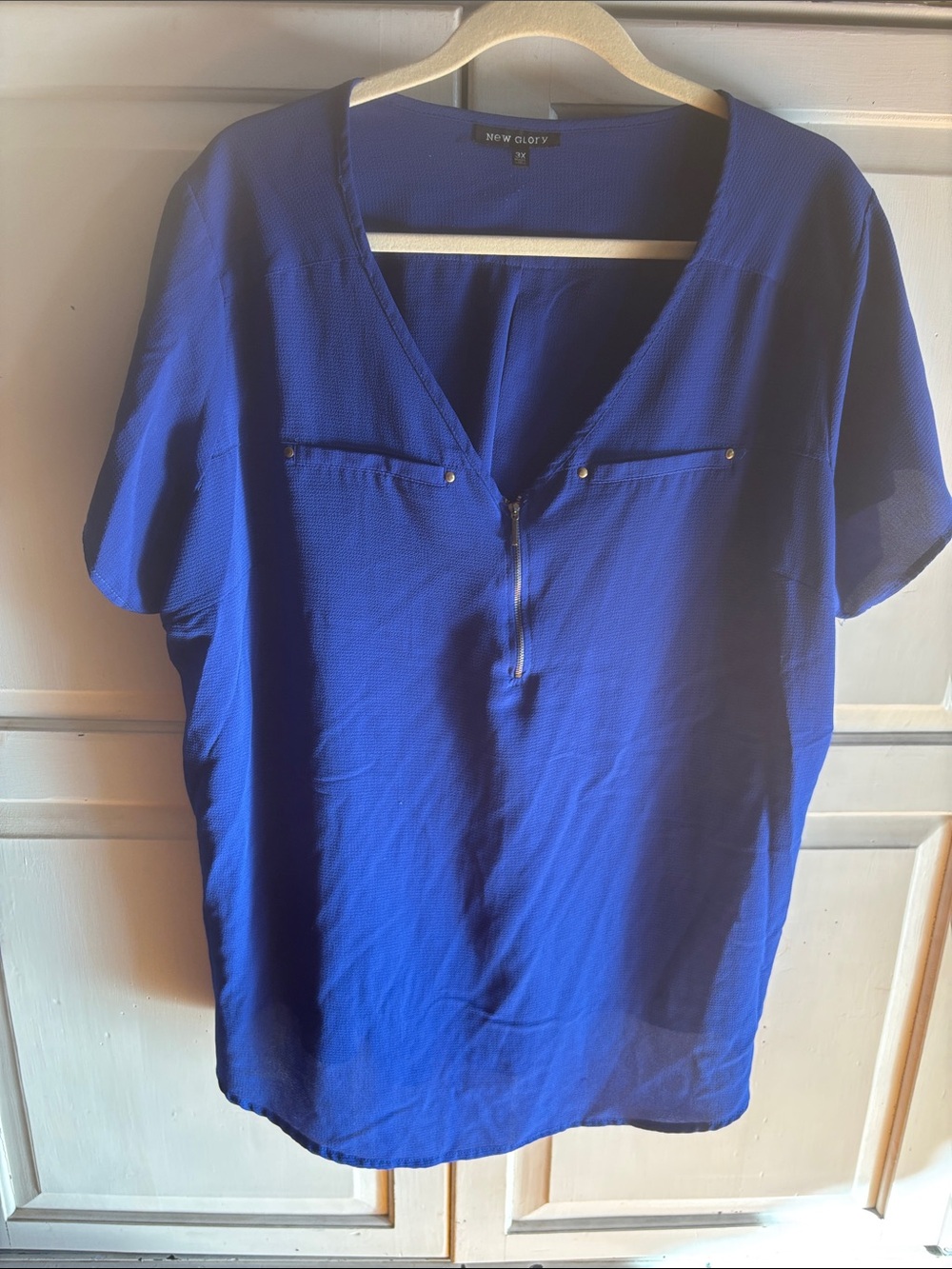 New Glory Royal Blue V-Neck Zip Front Blouse
